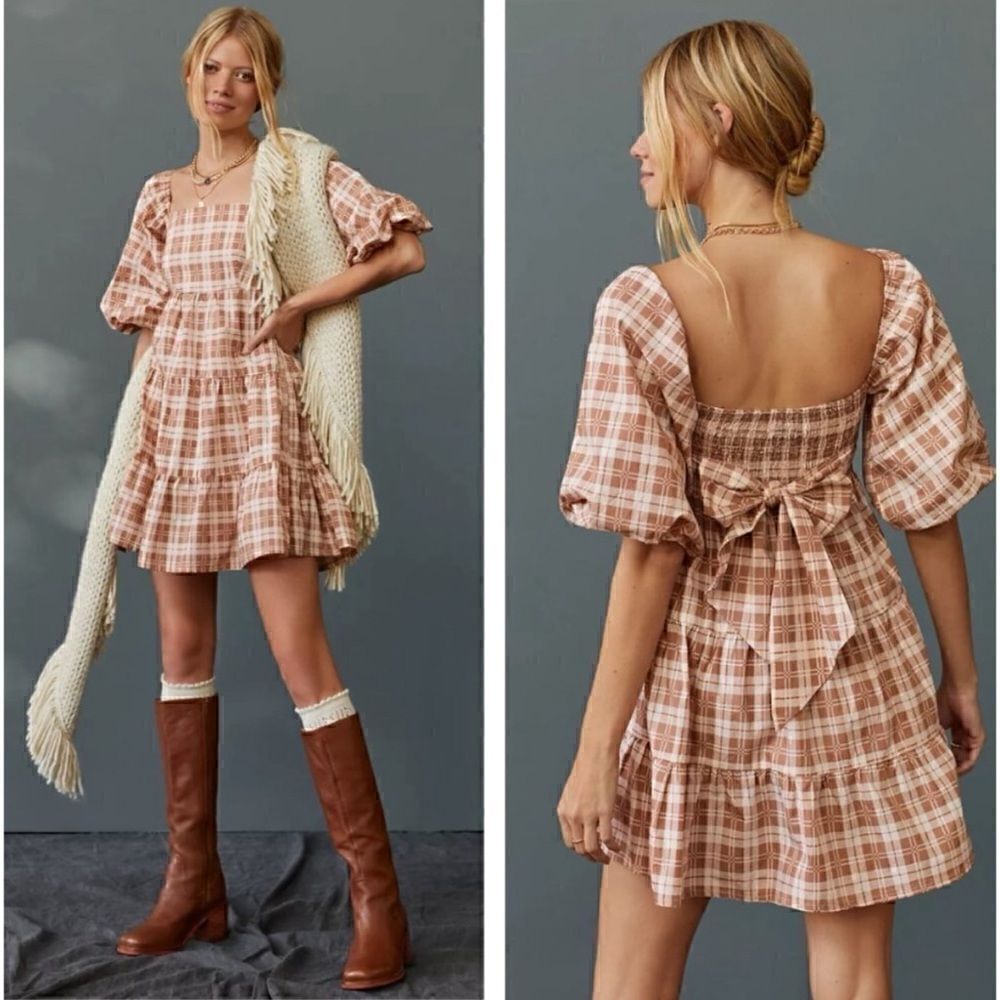 New Faithfull The Brand Eryn Mini Dress in Lori Check Print Dress Brown Plaid 4